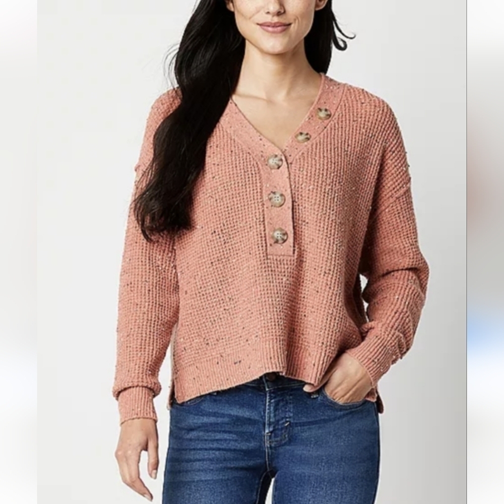 A.N.A Heathered Knit Sweater With Button Accent Coral Color Women's Sz Large
